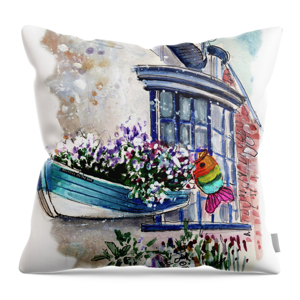 Travel Throw Pillow featuring the pastel Broadies By The Sea In Staithes by Miki De Goodaboom