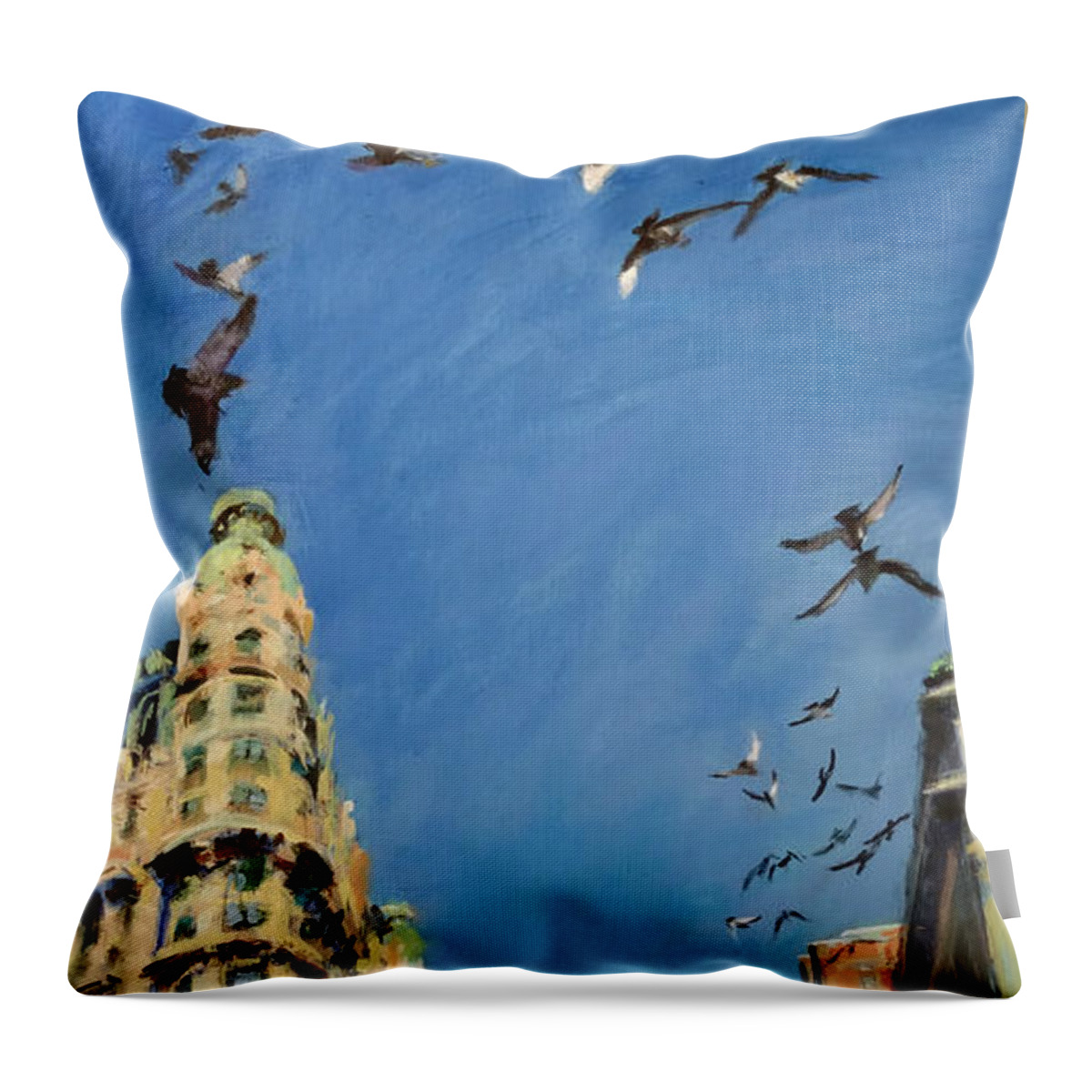 New York Throw Pillow featuring the painting Broadway Pigeons No. 1 by Peter Salwen