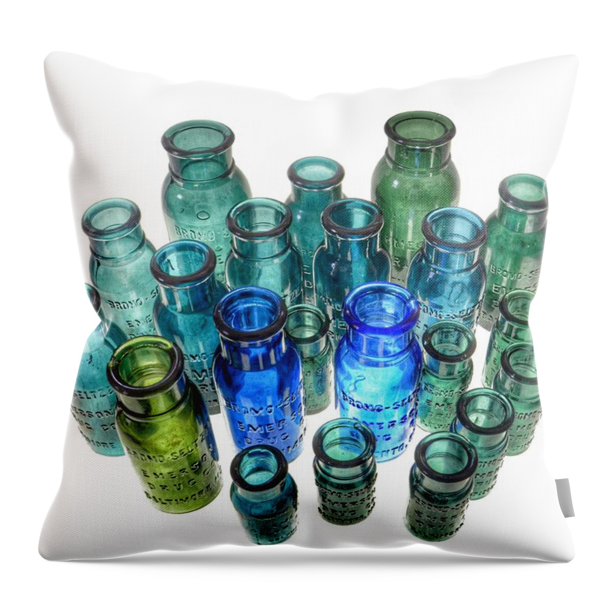 Bromo Seltzer Vintage Glass Bottles Throw Pillow featuring the photograph Bromo Seltzer Vintage Glass Bottles Collection - Rare Green by Marianna Mills