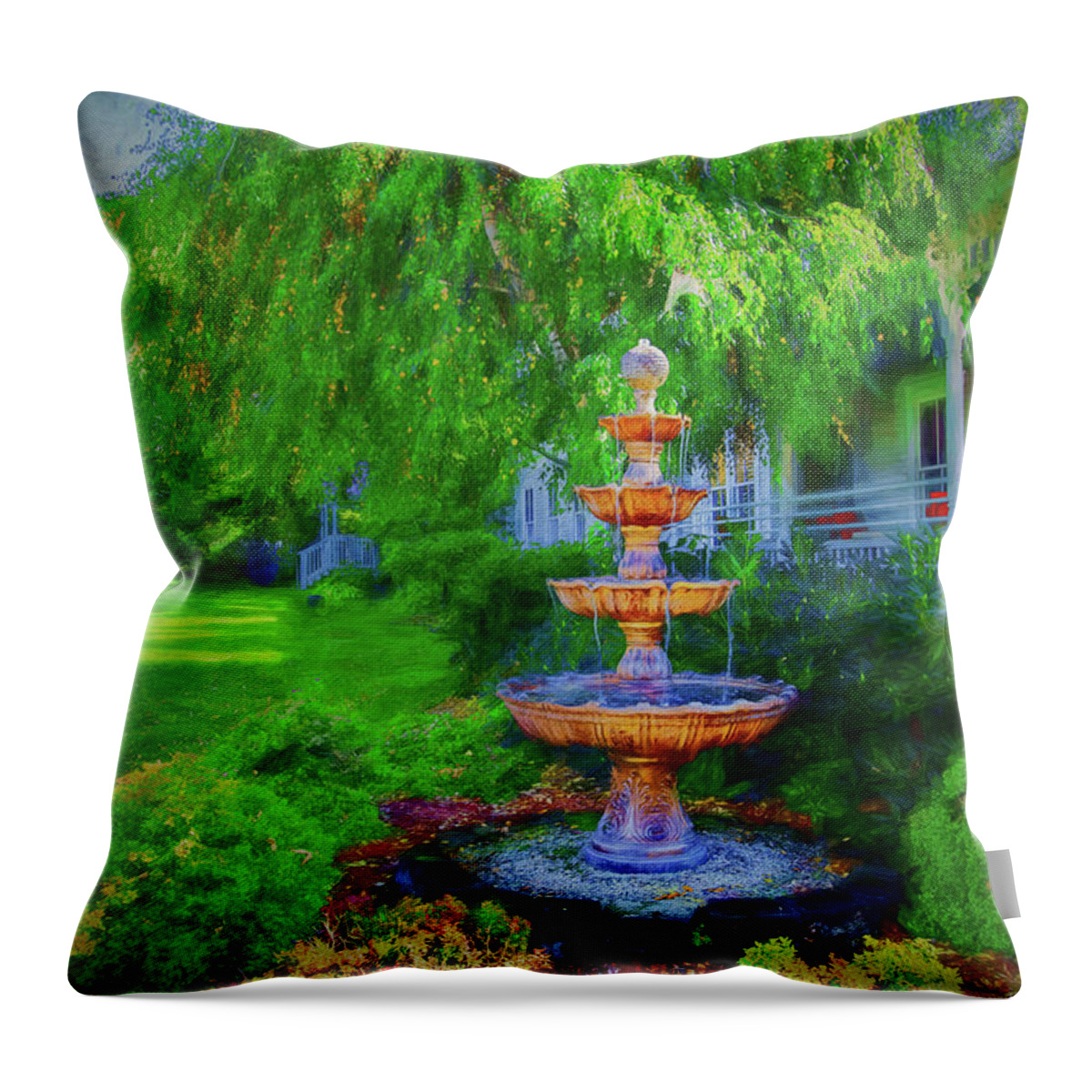 Artistic Renditions Autumn Throw Pillow featuring the photograph Bronze Fountain Perspective by Rick Bragan