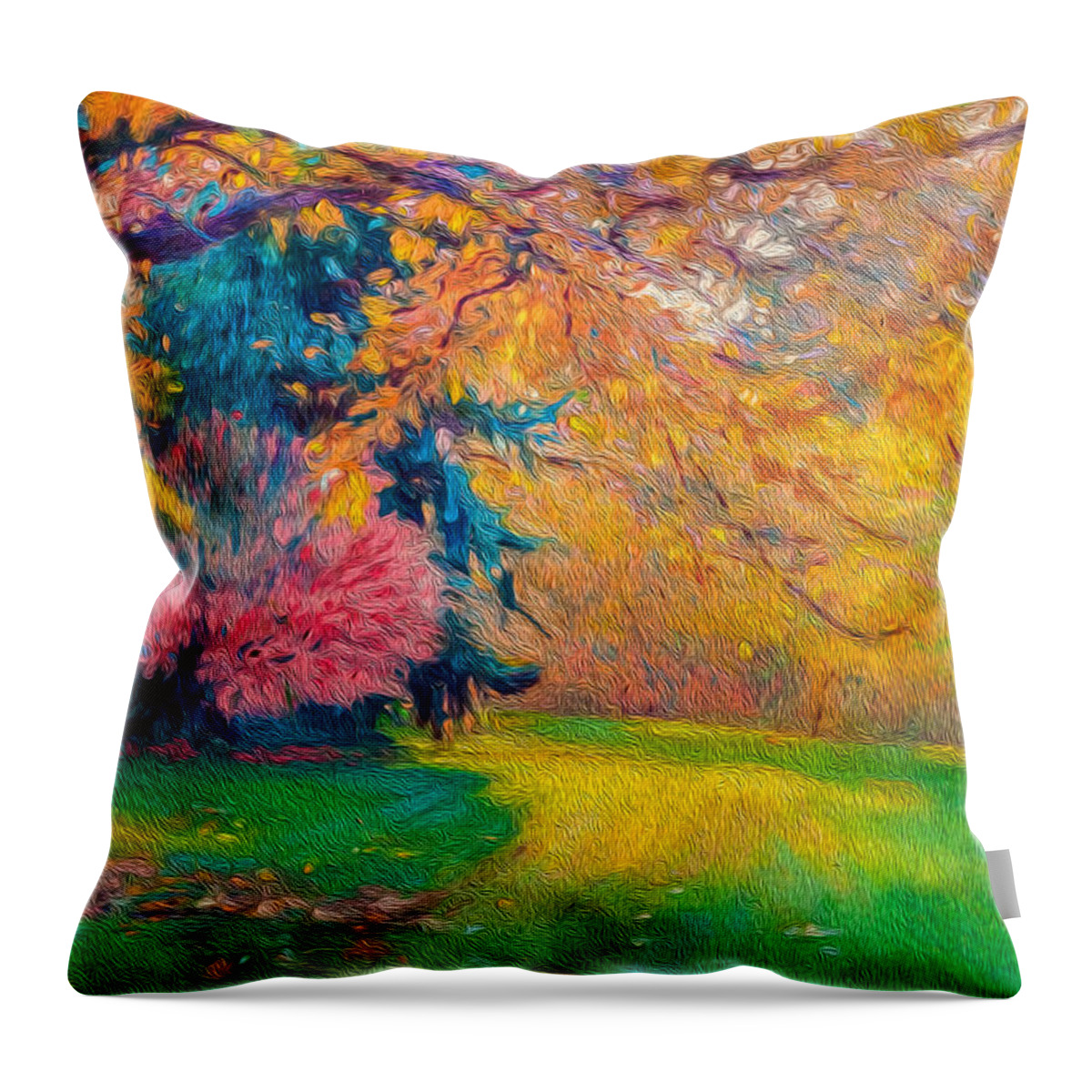 Fall Yard Throw Pillow featuring the digital art Brook Forest Garden at Fall by Judith Barath