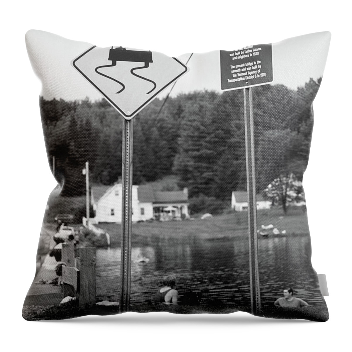 America Throw Pillow featuring the photograph Brookfield, Vt - Floating Bridge 2 BW by Frank Romeo