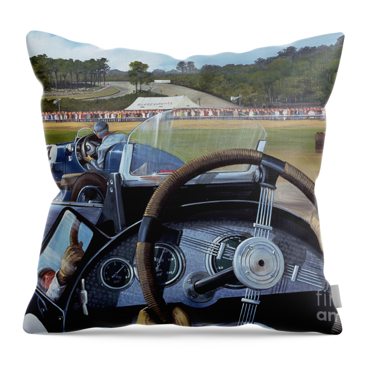 Brooklands - From The Hot Seat (w/c And Gouache On Paper) Racing; Car; Driver; Wheel; Track; Circuit; Race; Vintage; Thirties Throw Pillow featuring the painting Brooklands From the Hot Seat by Richard Wheatland