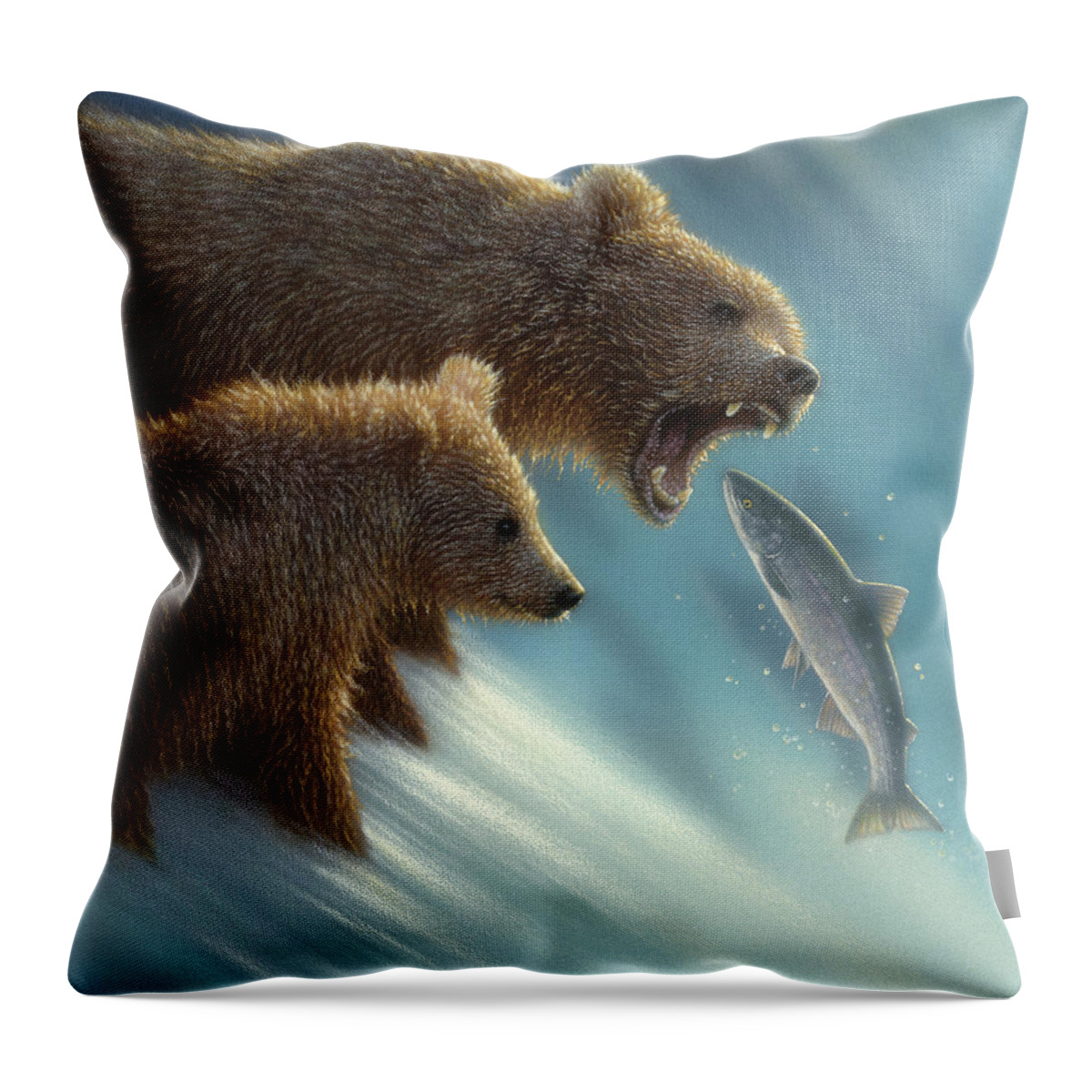 Bear Art Throw Pillow featuring the painting Brown Bears - Fishing Lesson by Collin Bogle