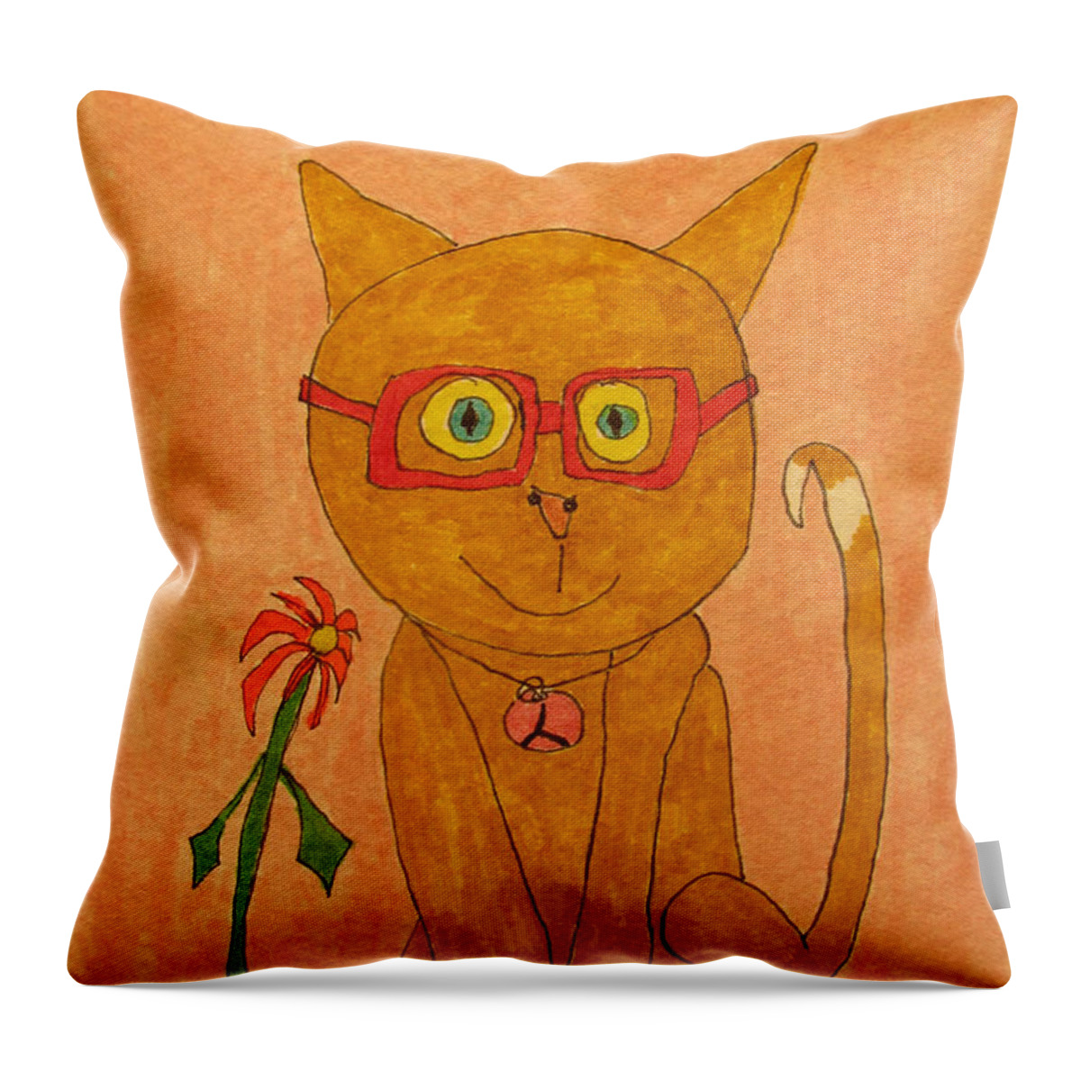 Hagood Throw Pillow featuring the painting Brown Cat With Glasses by Lew Hagood