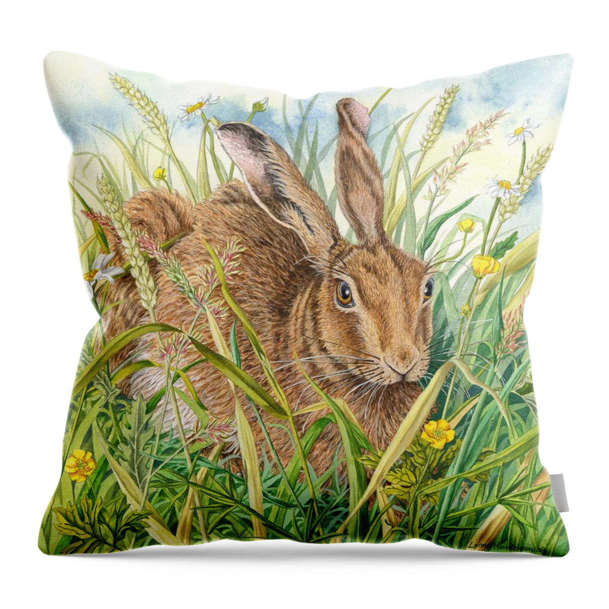 Hare Throw Pillow featuring the painting Brown Hare by Lynne Henderson