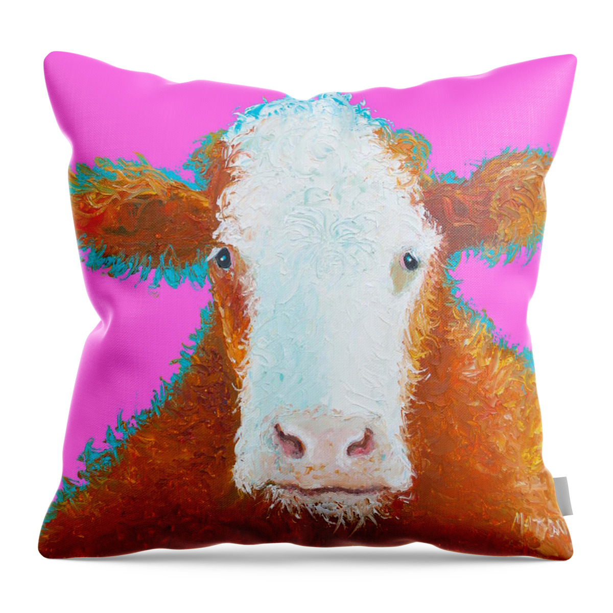 Cow Throw Pillow featuring the painting Brown Hereford on pink by Jan Matson