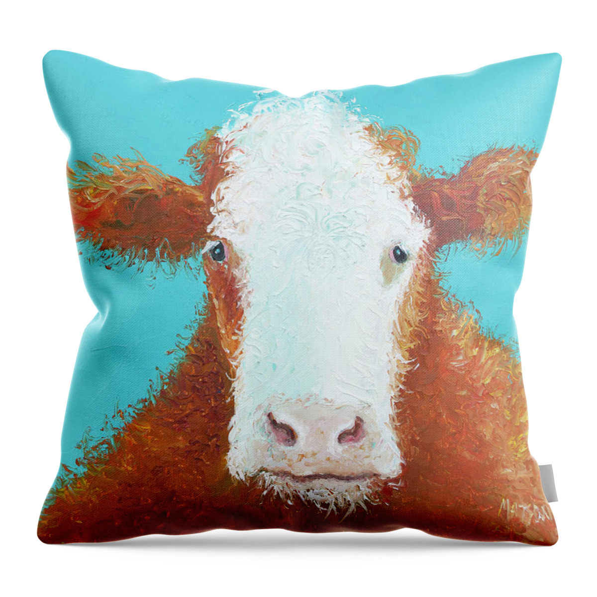 Cow Throw Pillow featuring the painting Brown Hereford on turquoise by Jan Matson