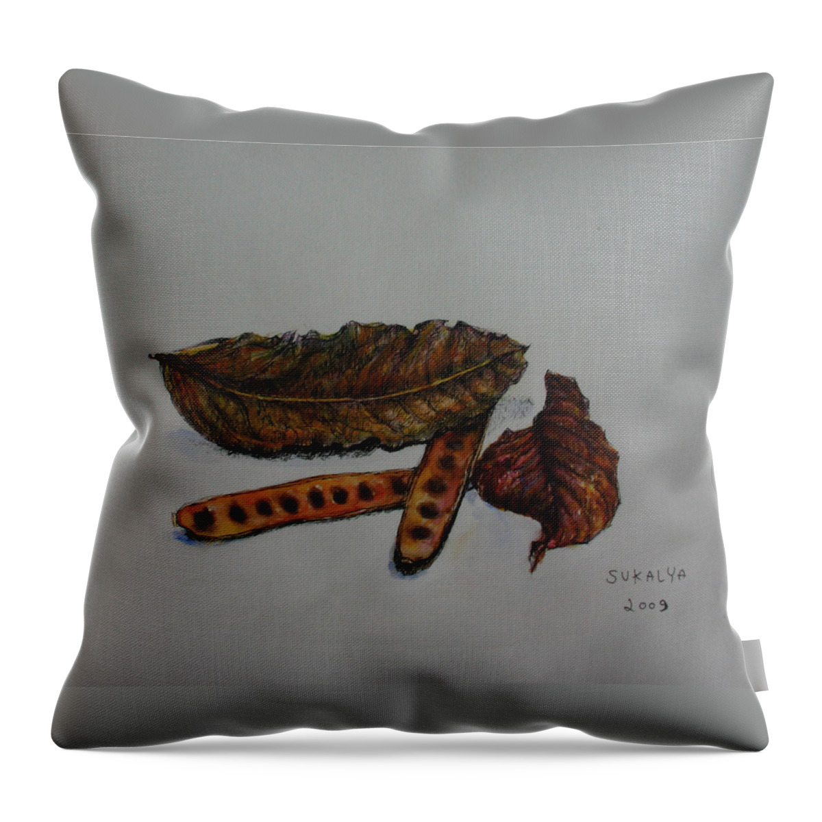 Brown Throw Pillow featuring the painting Brown of Leafs and Seeds by Sukalya Chearanantana