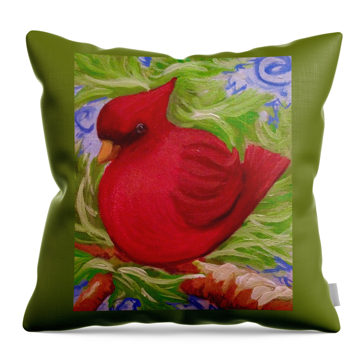 Red Throw Pillow featuring the painting Brrr Bird by Jeanette Jarmon