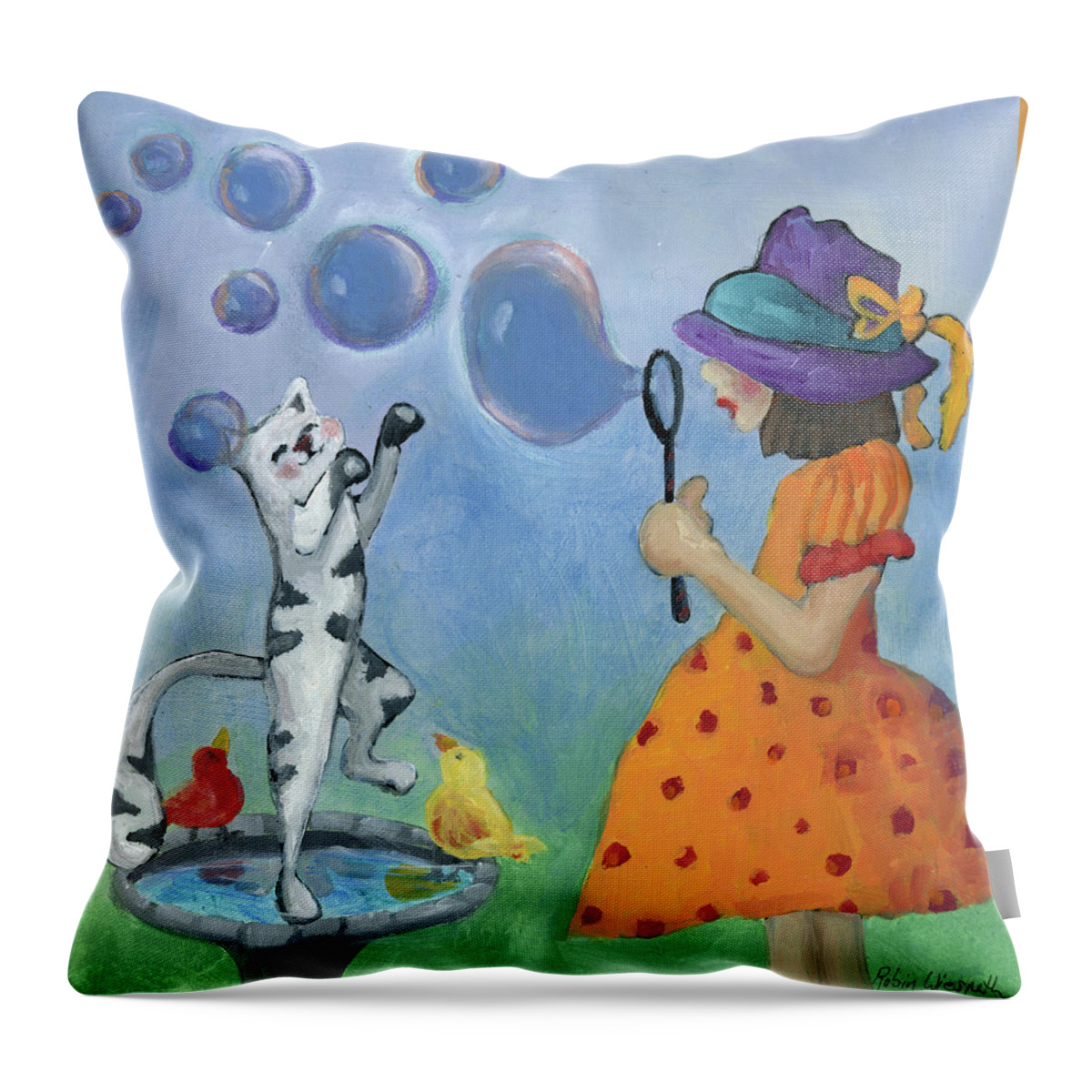 Girl Throw Pillow featuring the painting Bubbles by Robin Wiesneth