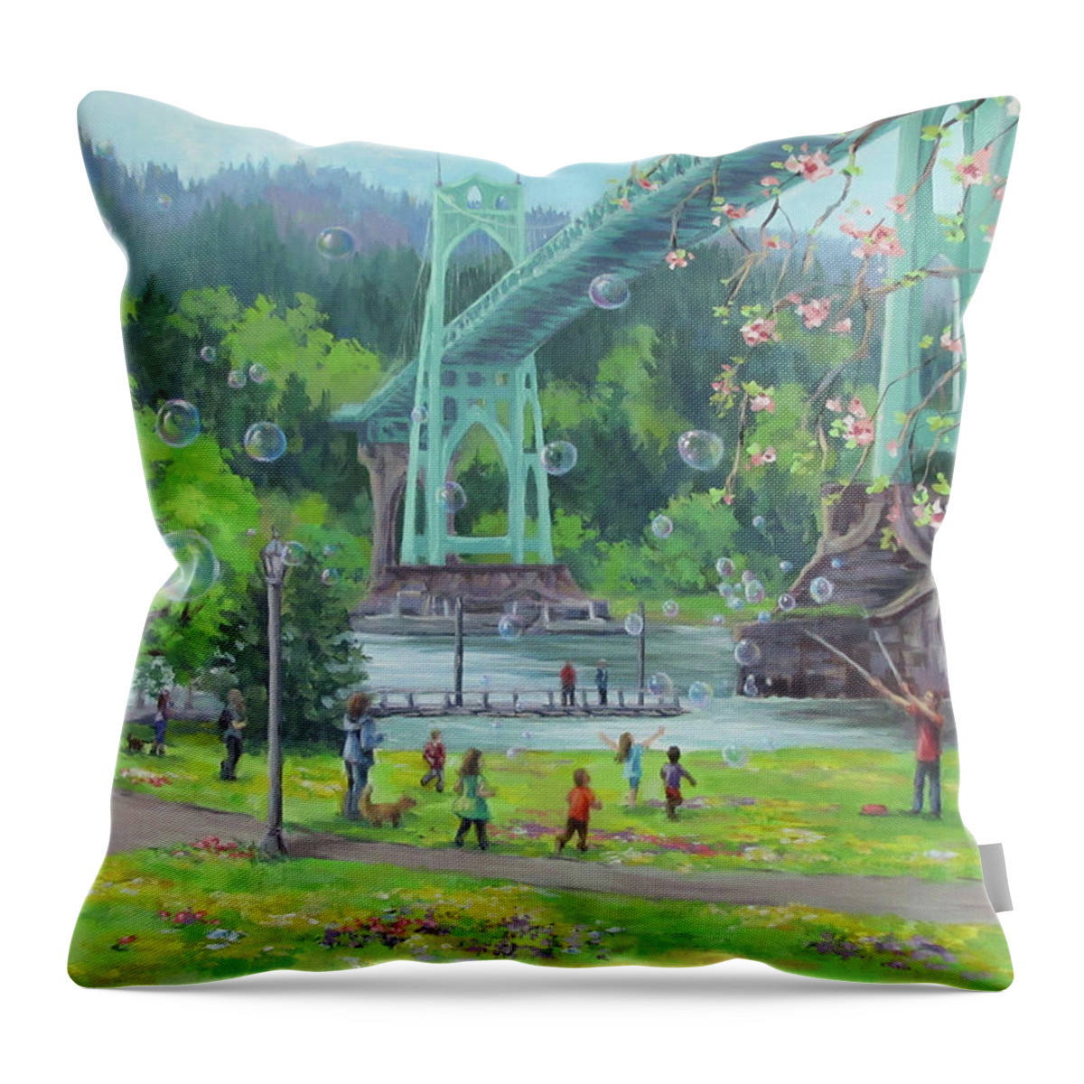 Portland Throw Pillow featuring the painting Bubbly Bridge by Karen Ilari