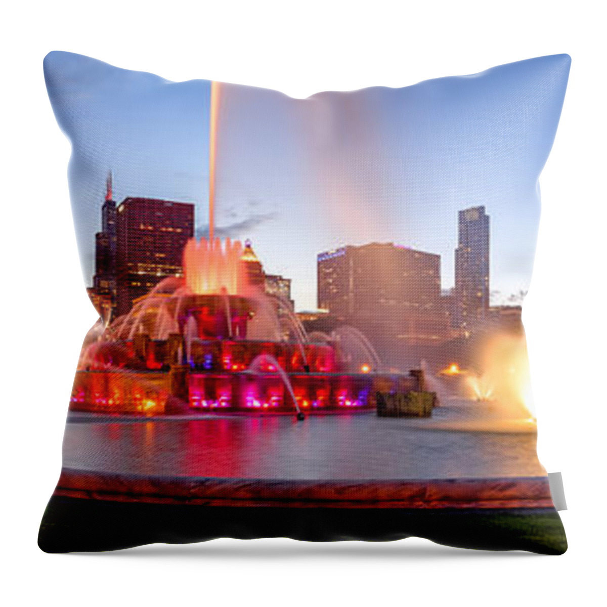 Buckingham Throw Pillow featuring the photograph Buckingham Fountain Panorama at Twilight - Grant Park Chicago Illinois by Silvio Ligutti