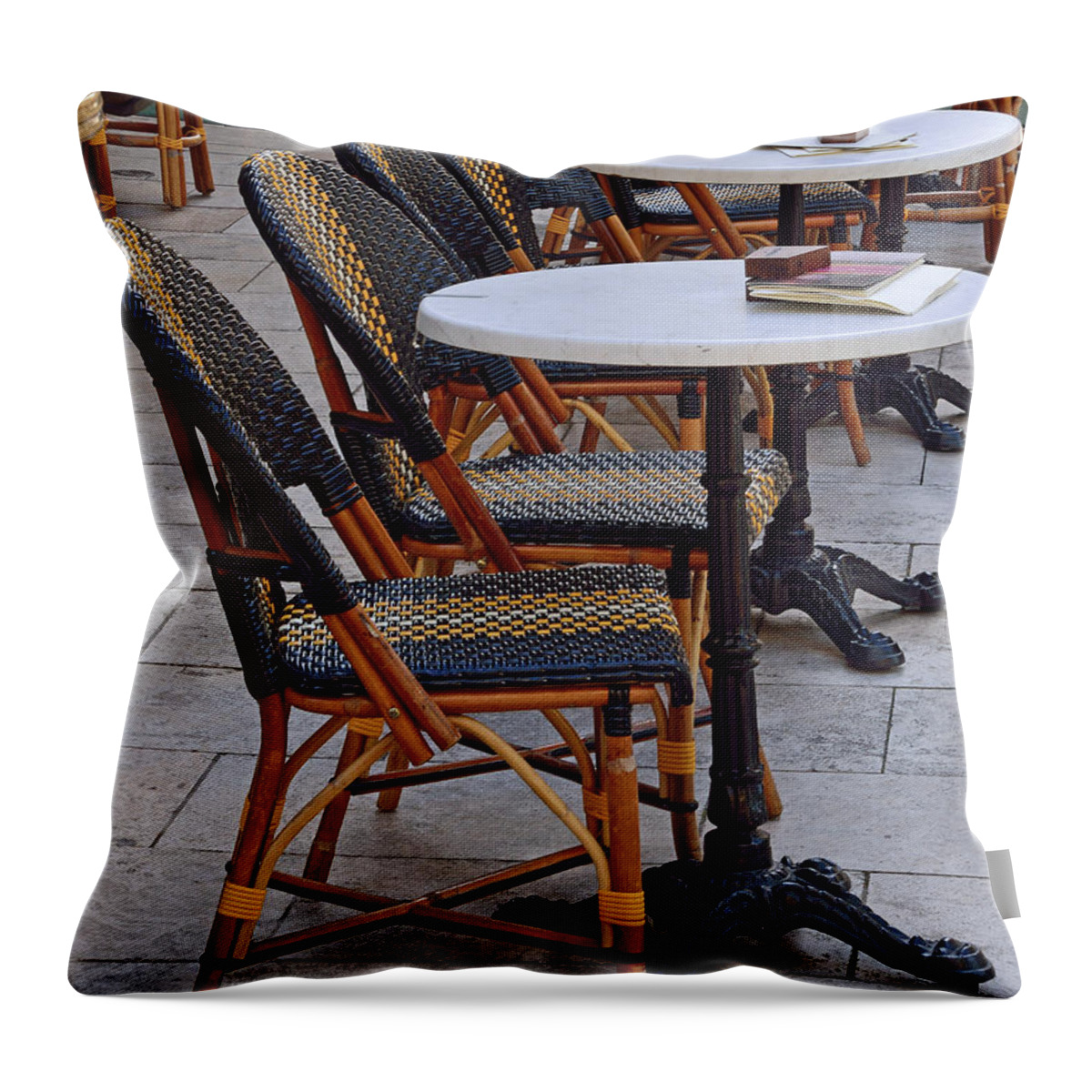 Budapest Throw Pillow featuring the photograph Budapest Cafe Chairs by Kathy Yates