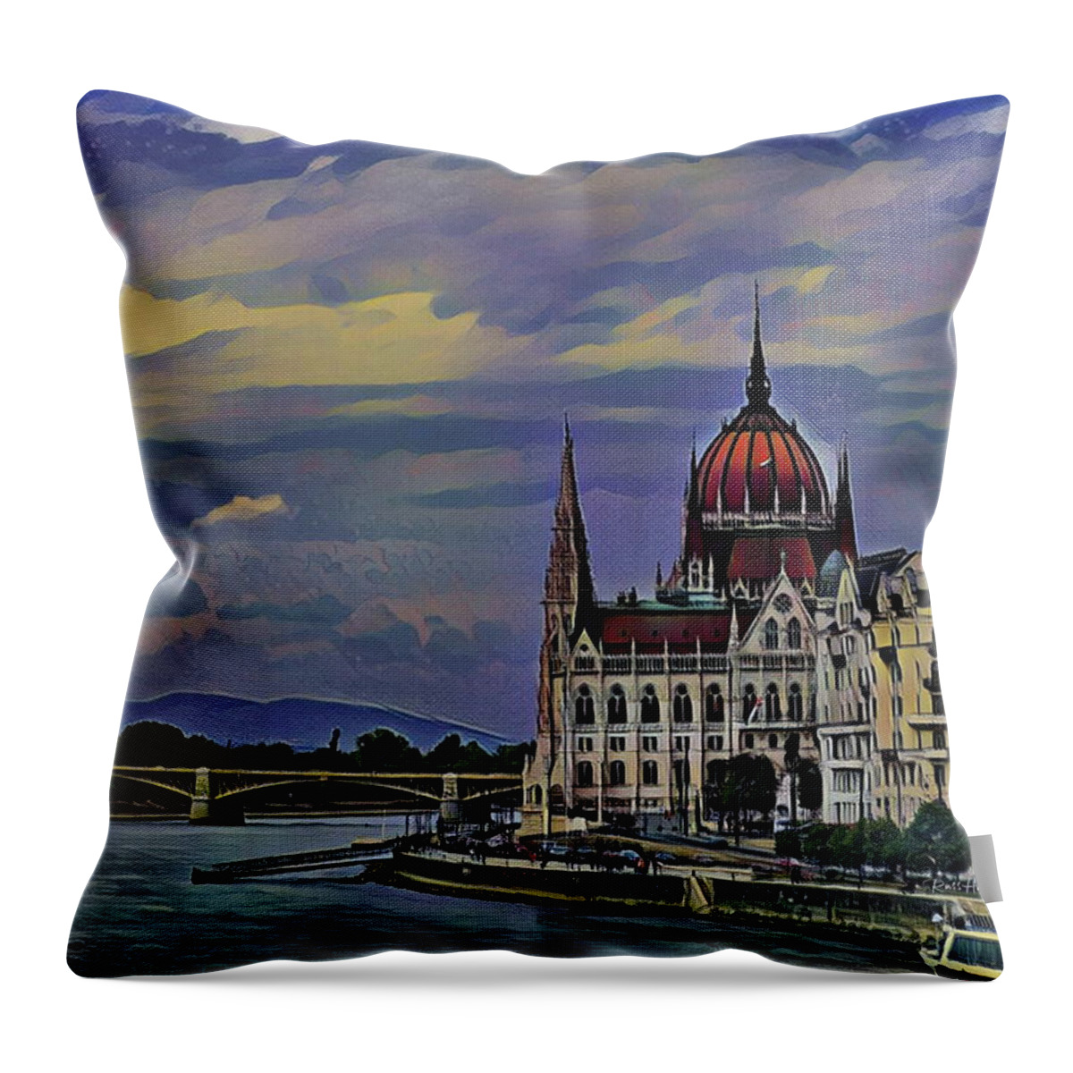 Building Throw Pillow featuring the painting Budapest Parliament Building by Russ Harris
