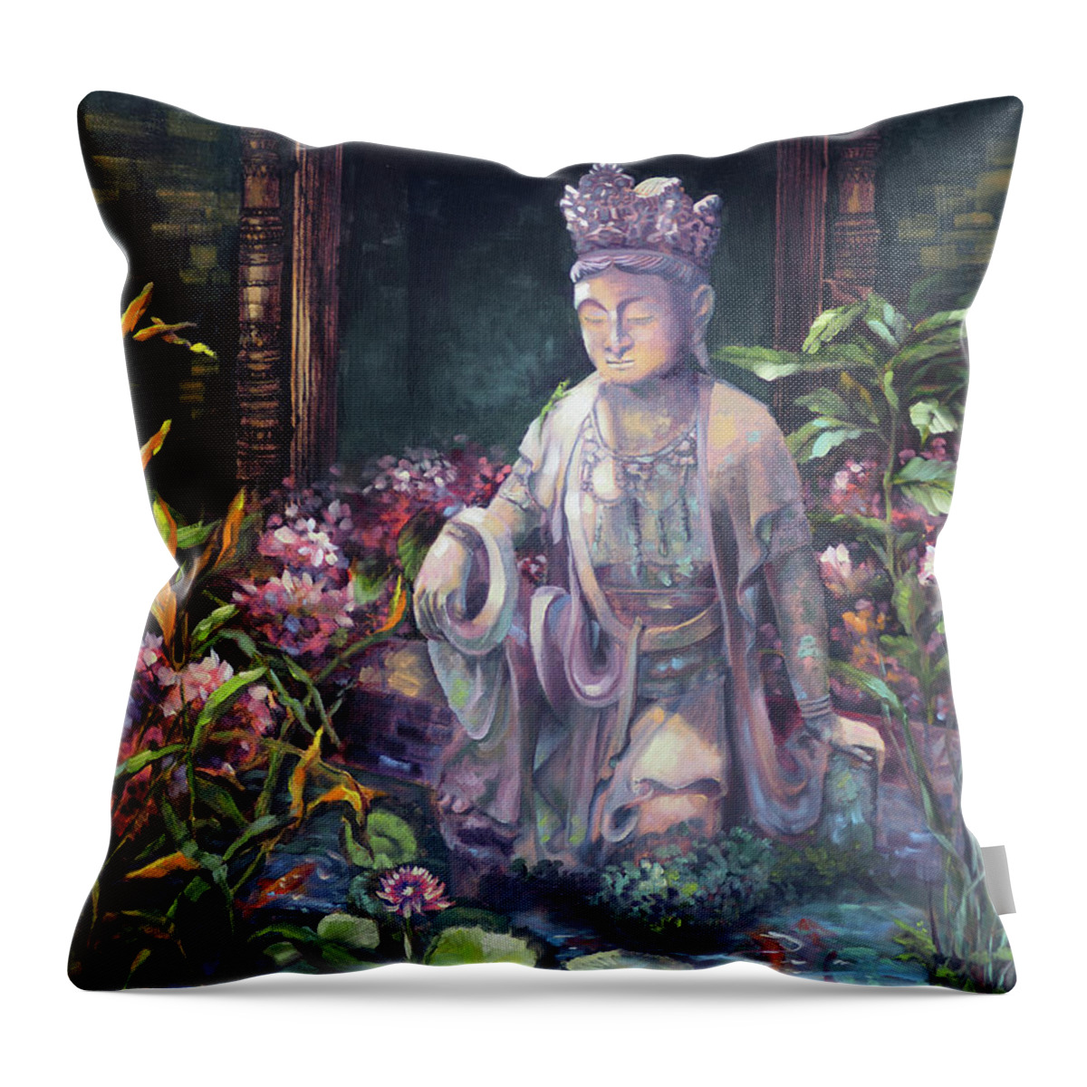 Budda Throw Pillow featuring the painting Budda Statue and Pond by David Bader