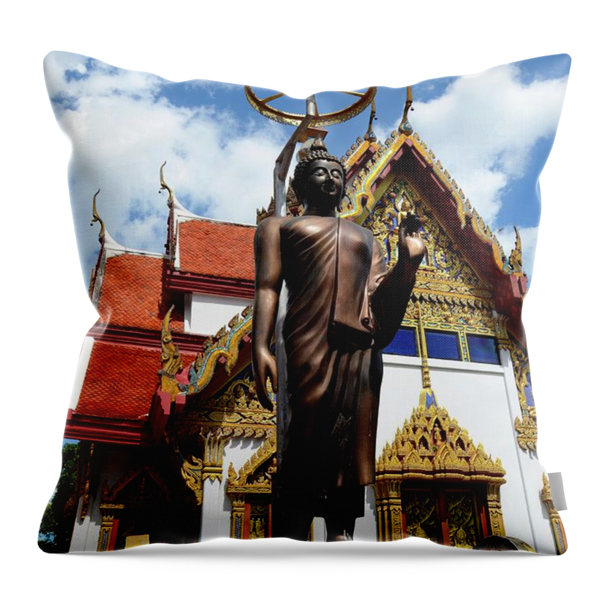 Temple Throw Pillow featuring the photograph Buddha statue with sunshade outside temple Hat Yai Thailand by Imran Ahmed