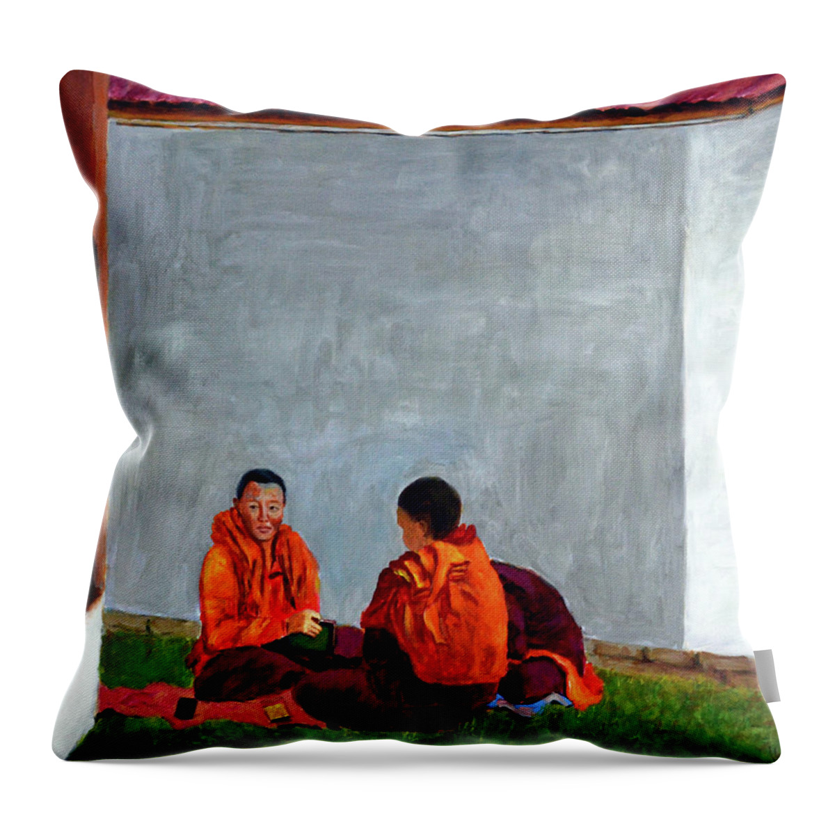 Buddhist Nuns In The Making Throw Pillow featuring the painting Buddhist Nuns in the making by Uma Krishnamoorthy