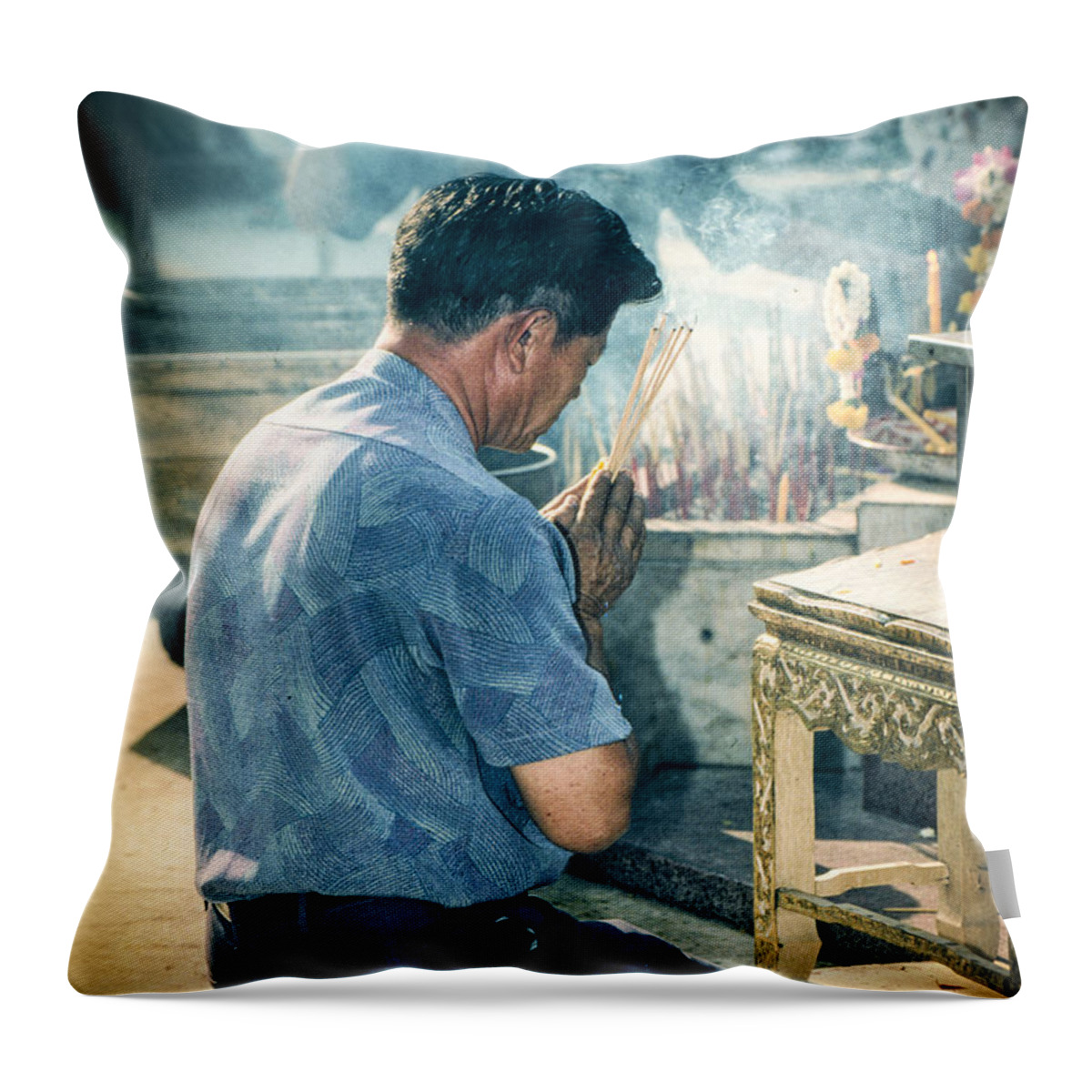 Religion Throw Pillow featuring the photograph Buddhist Way of Praying by Heiko Koehrer-Wagner