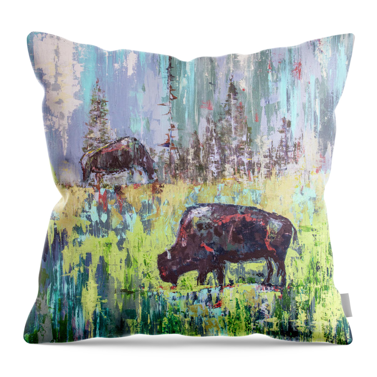 Buffalo Throw Pillow featuring the painting Buffalo Grazing by Cheryl McClure