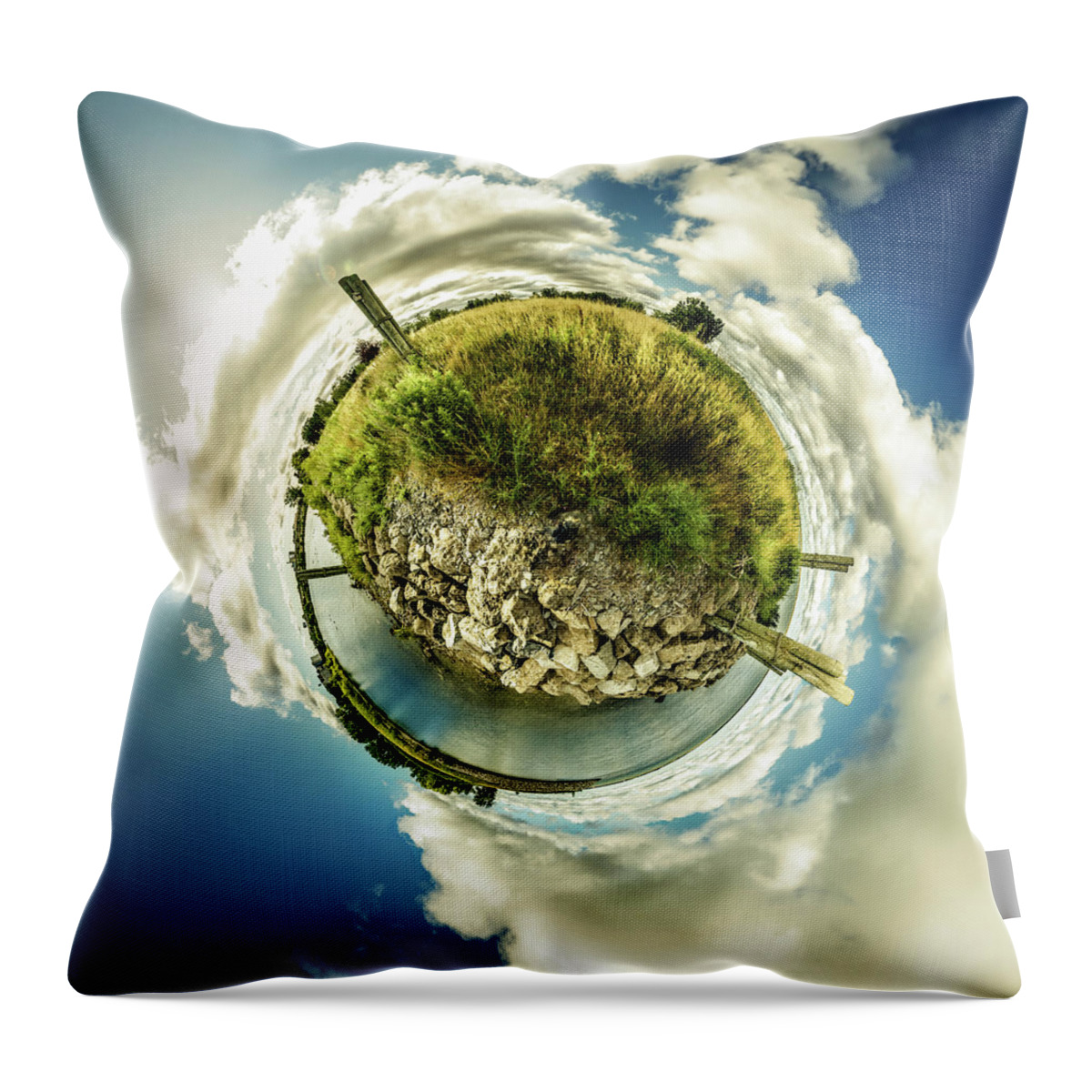 Bell Slip Throw Pillow featuring the photograph Buffalo Outer Harbor sunrise - Tiny Planet by Chris Bordeleau