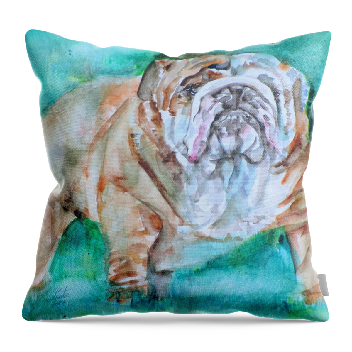 Bulldog Throw Pillow featuring the painting BULLDOG - watercolor portrait.6 by Fabrizio Cassetta