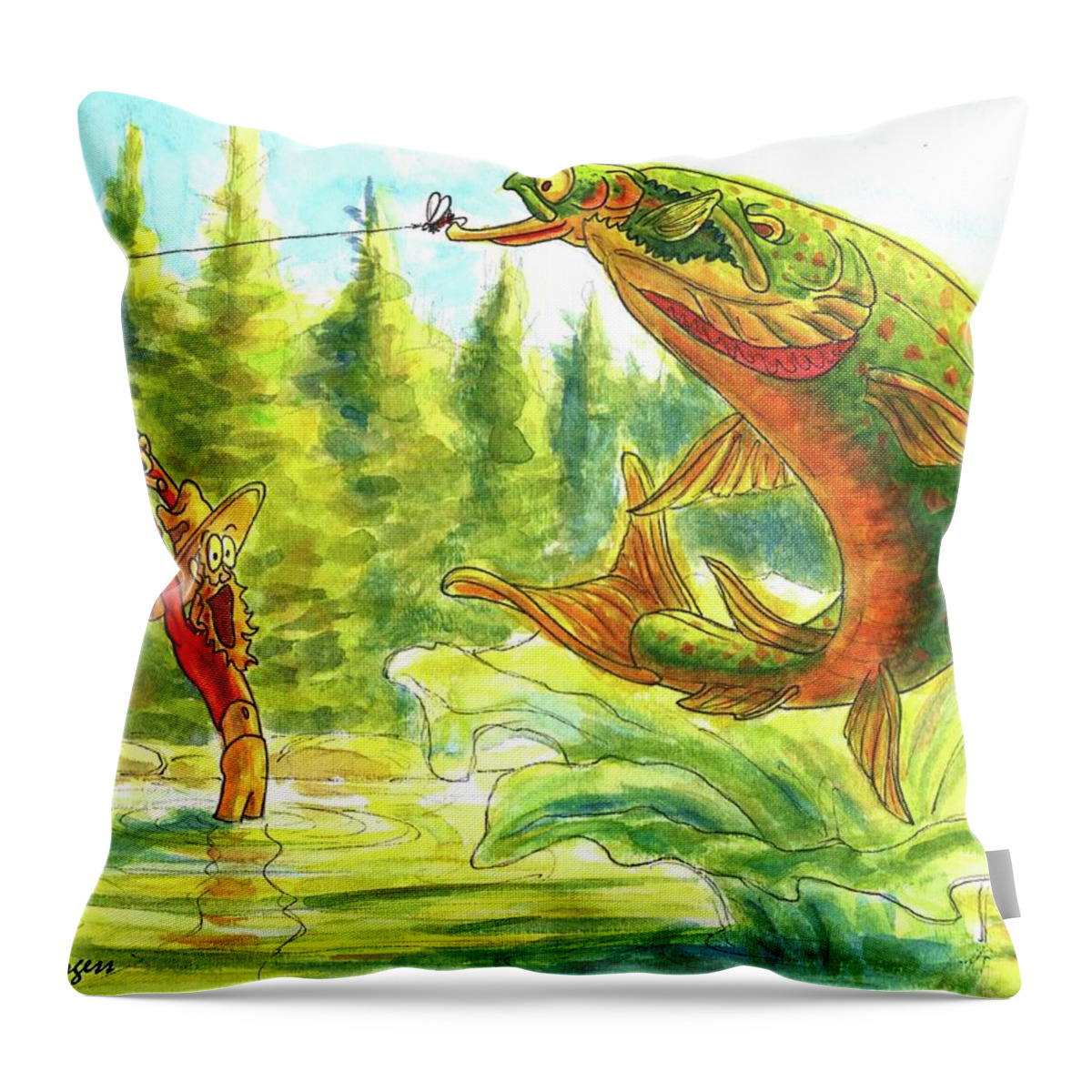 Bull Trout Throw Pillow featuring the painting Bully Snatched My Catch by David Burgess