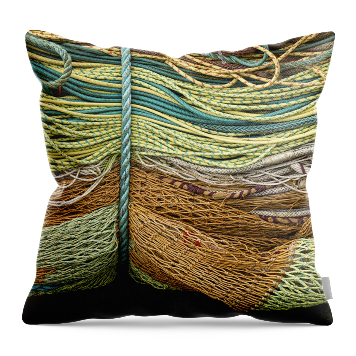 Fishing Throw Pillow featuring the photograph Bundle of Fishing Nets and Ropes by Carol Leigh
