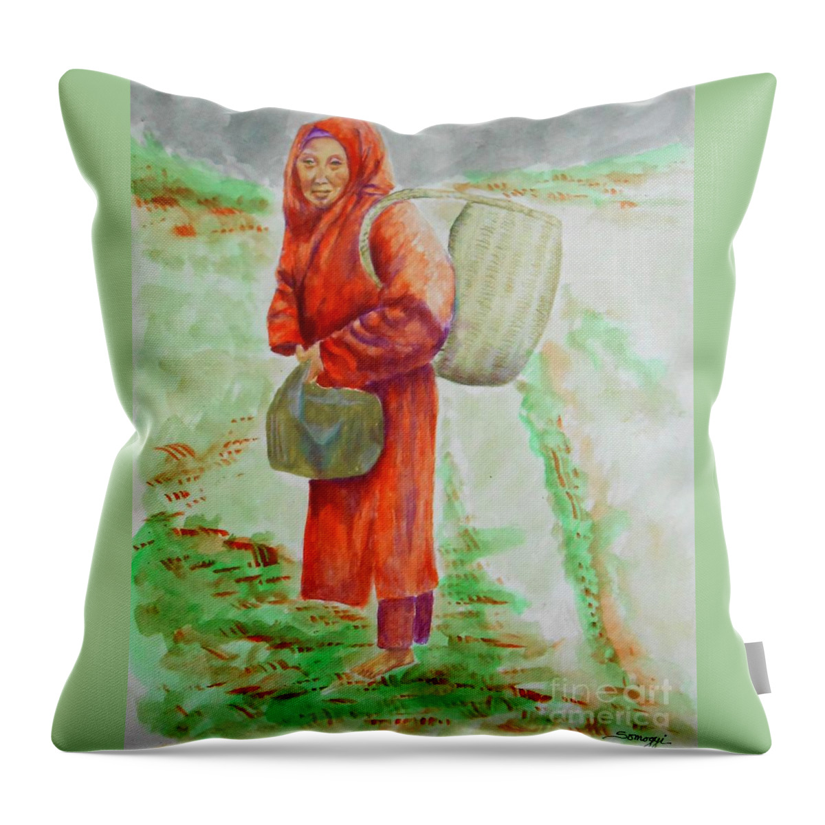 Asian Throw Pillow featuring the painting Bundled and Barefoot -- Portrait of Old Asian Woman Outdoors by Jayne Somogy