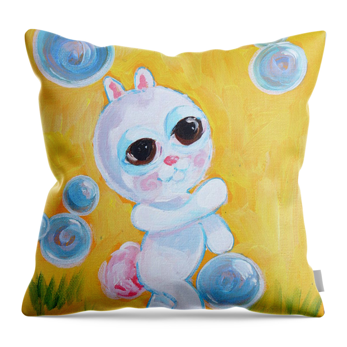 Bunny Throw Pillow featuring the mixed media Bunny and the Bubbles Painting for Children by Shelley Overton