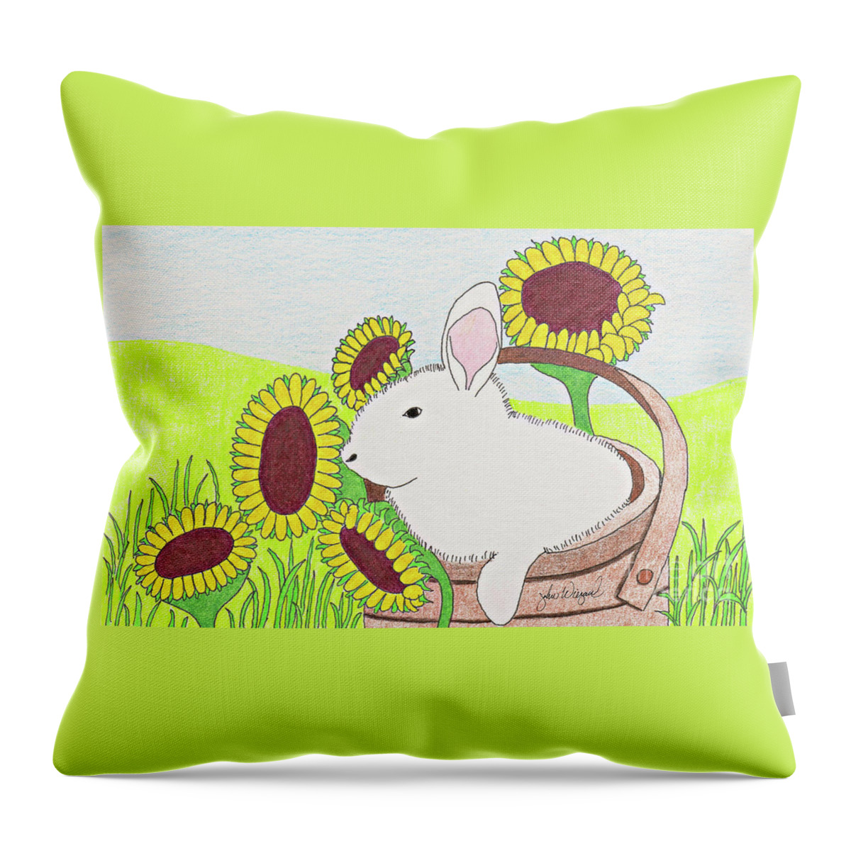 Bunny Throw Pillow featuring the drawing Bunny in a Basket by John Wiegand