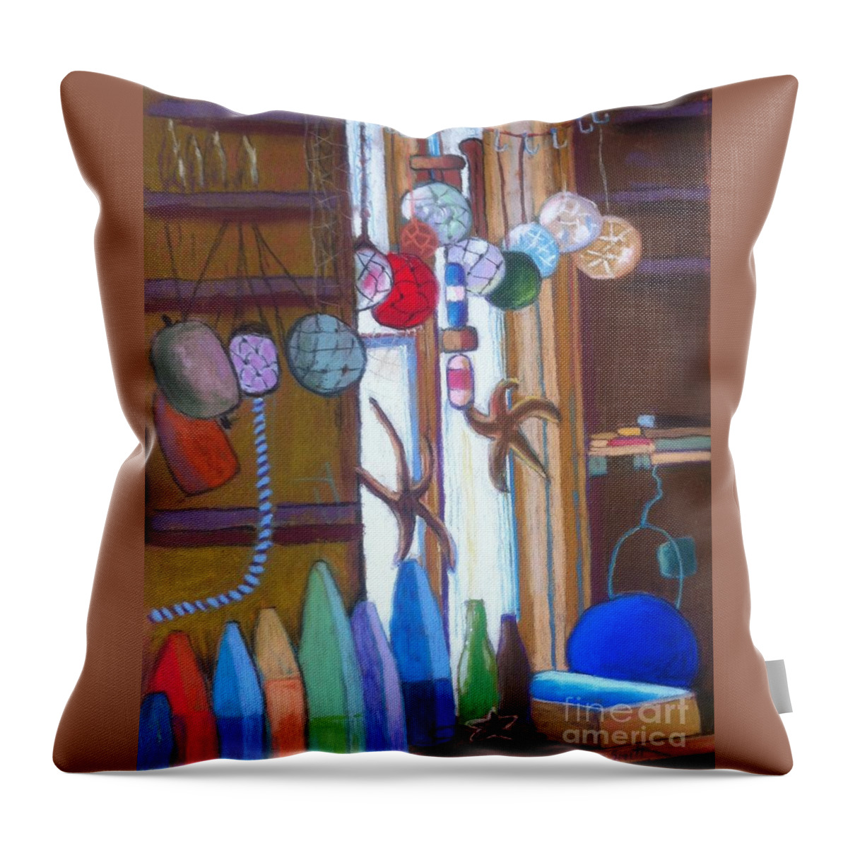 Pastels Throw Pillow featuring the pastel Buoys Bottles and Bobs by Rae Smith
