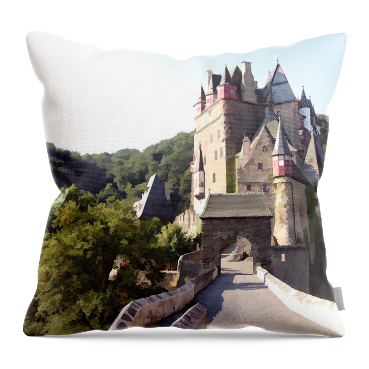 Europe Throw Pillow featuring the digital art Burg Eltz. The Gate - Watercolor by Joseph Hendrix