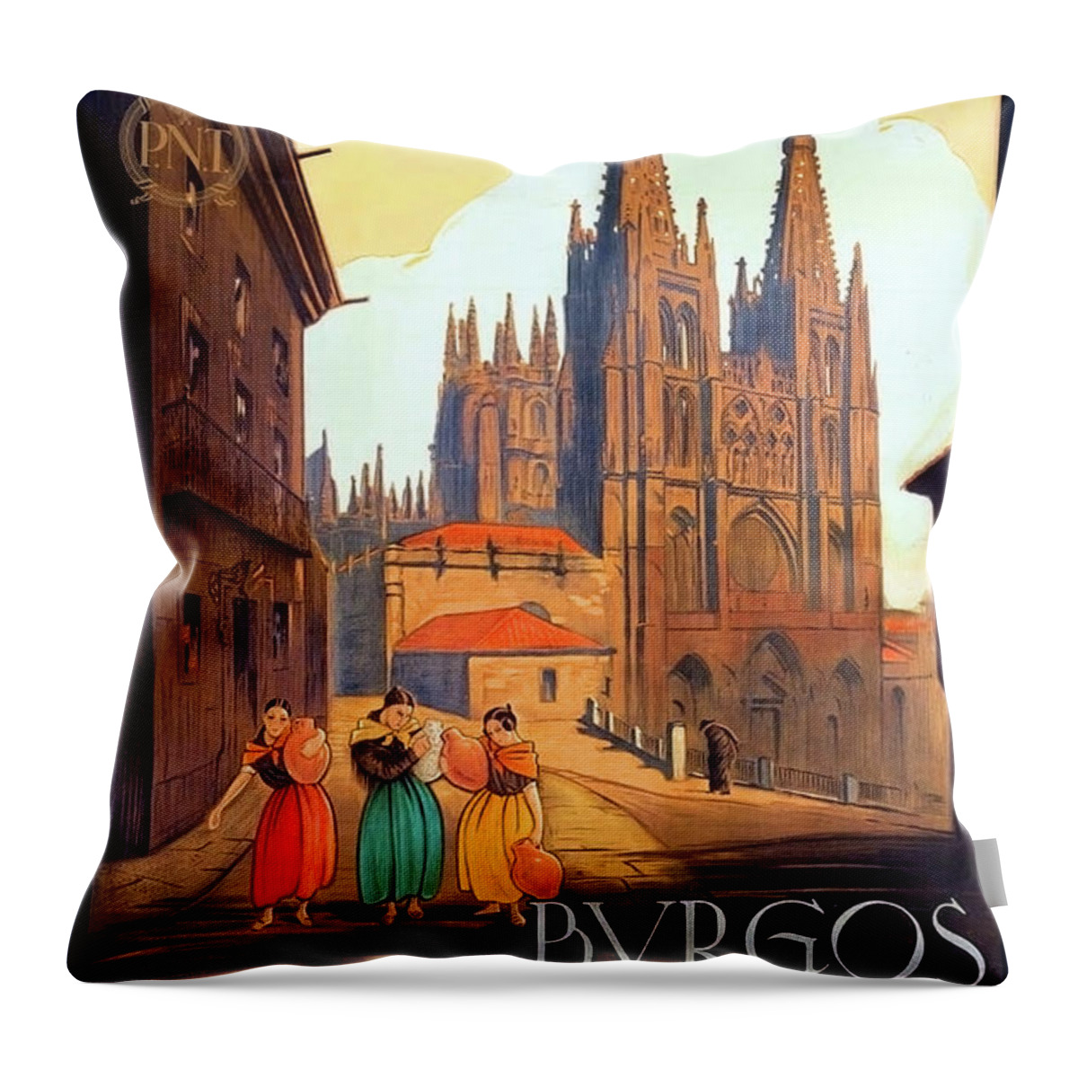 Burgos Throw Pillow featuring the painting Burgos Cathedral, Spain, vintage travel poster by Long Shot
