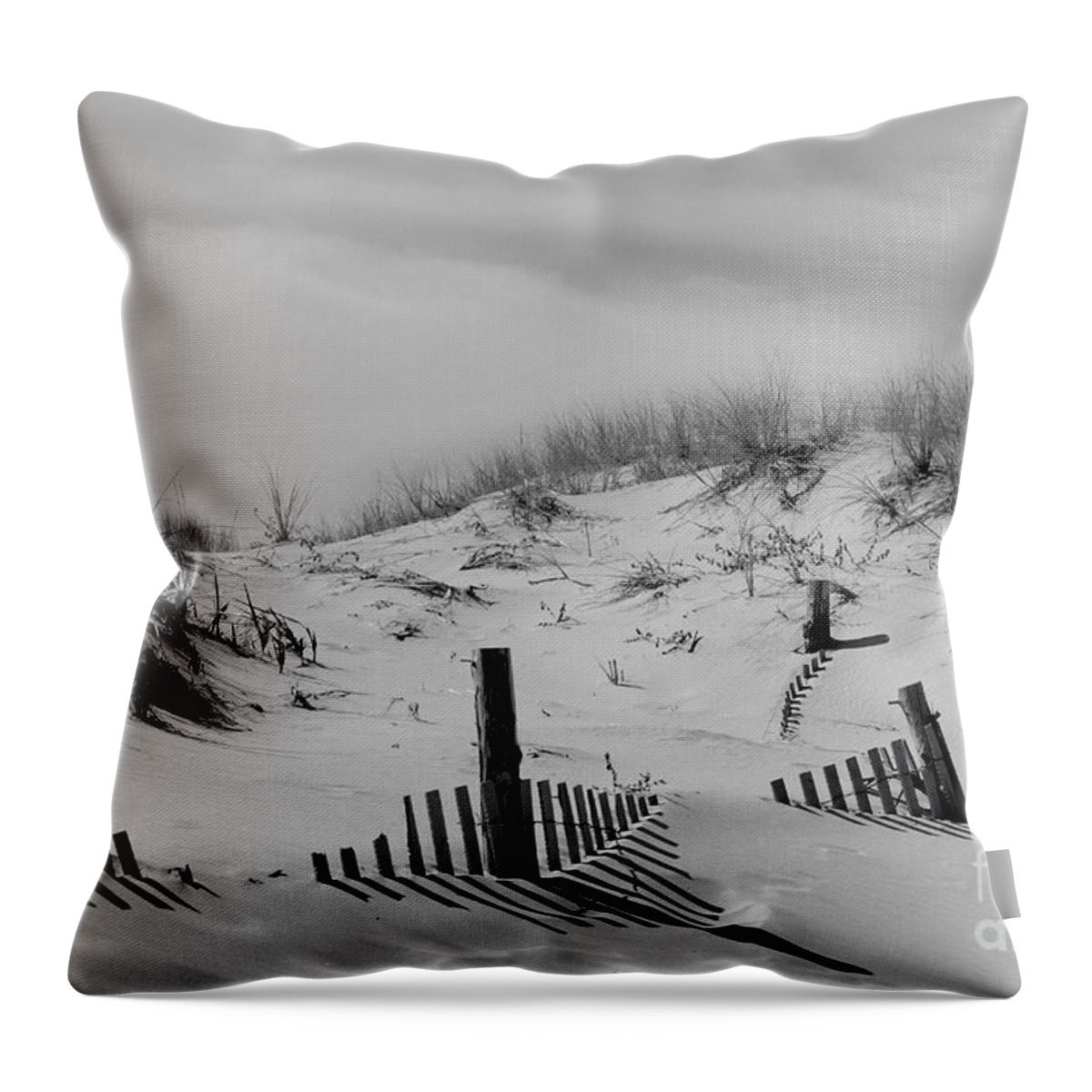Cape Henlopen Throw Pillow featuring the photograph Buried Fences Black and White Coastal Landscape Photo by PIPA Fine Art - Simply Solid