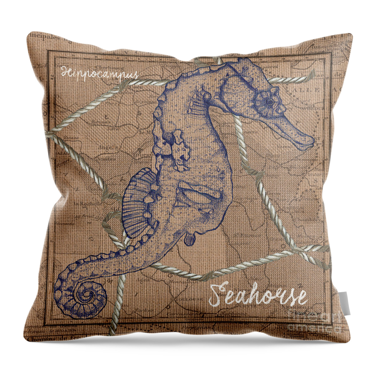 Seahorse Throw Pillow featuring the painting Burlap Seahorse by Debbie DeWitt