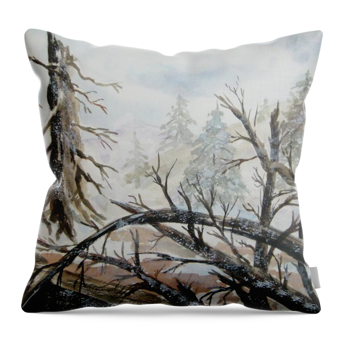 Burned Forest Throw Pillow featuring the painting Burned Forest in the Snow by Ellen Levinson