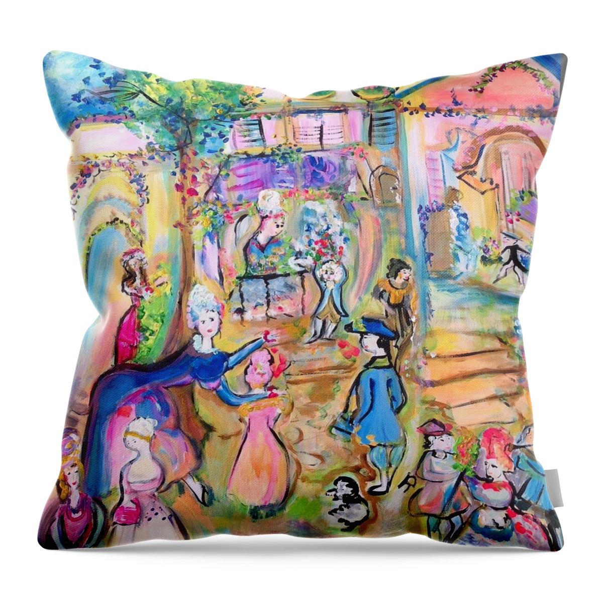 Square Throw Pillow featuring the painting Bustling square by Judith Desrosiers