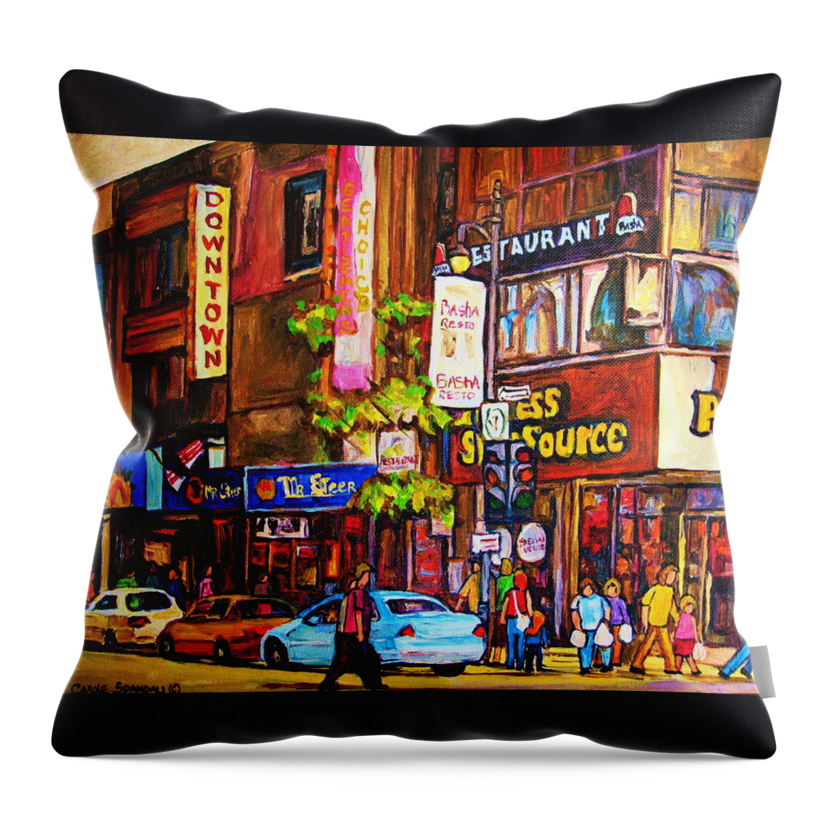 Cityscape Throw Pillow featuring the painting Busy Downtown Street by Carole Spandau