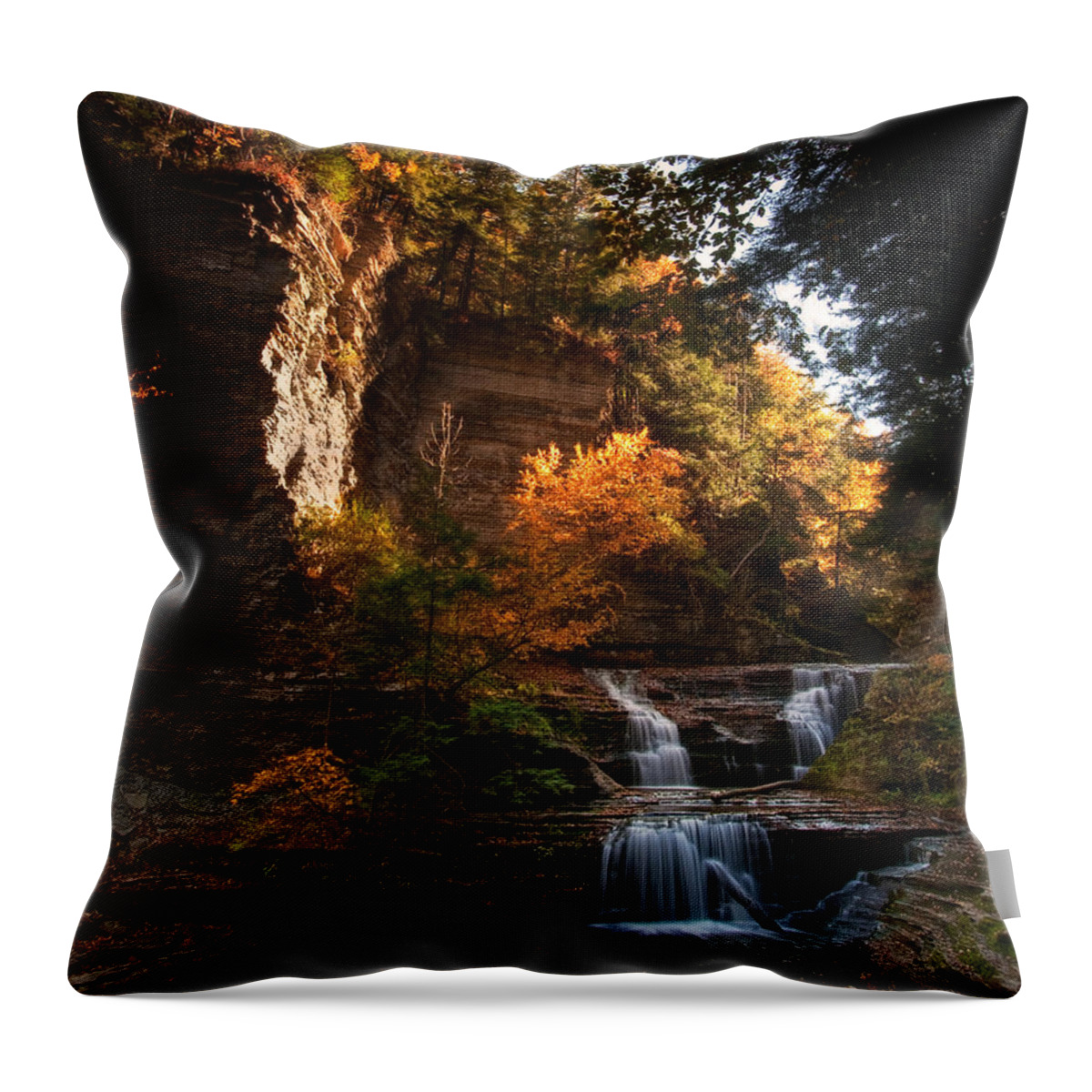 Buttermilk Falls State Park Throw Pillow featuring the photograph By Dawn's Early Light by Neil Shapiro