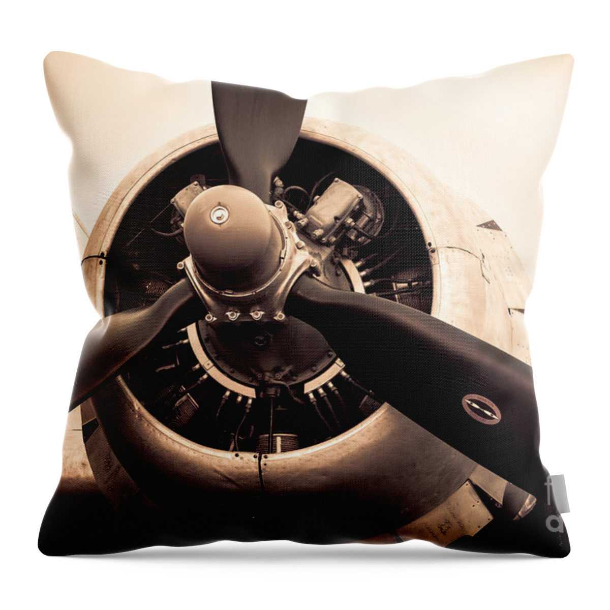 C-47 Throw Pillow featuring the photograph C-47 Engine Sepia by Lawrence Burry