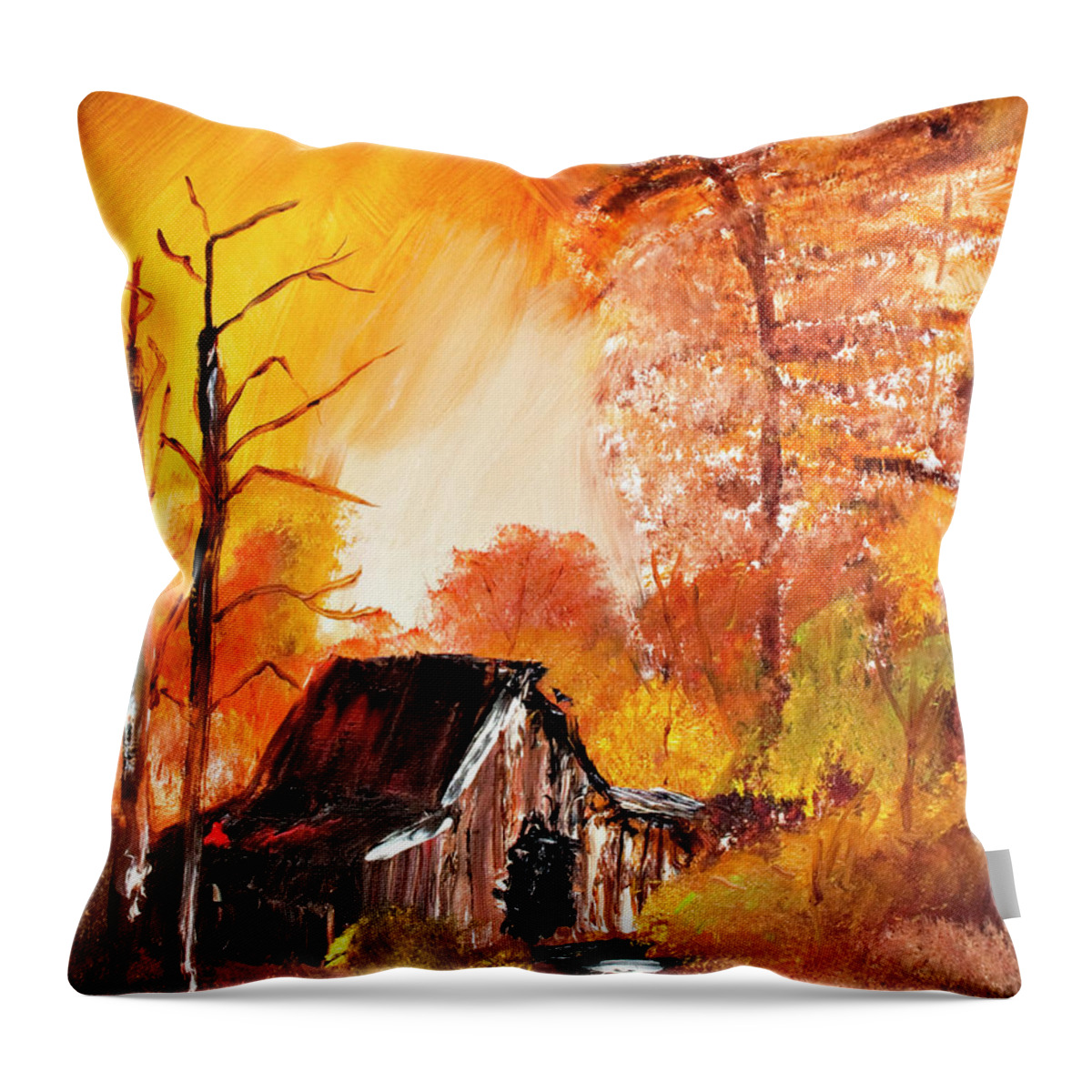 Cabin Throw Pillow featuring the painting Cabin In the Fall Woods by David Martin