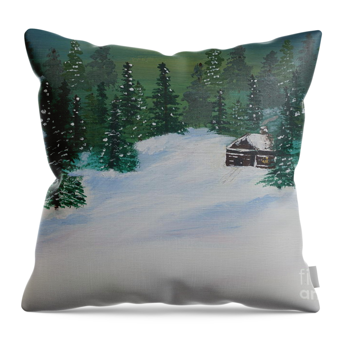 Snow Throw Pillow featuring the painting Cabins in the Woods by Jimmy Clark