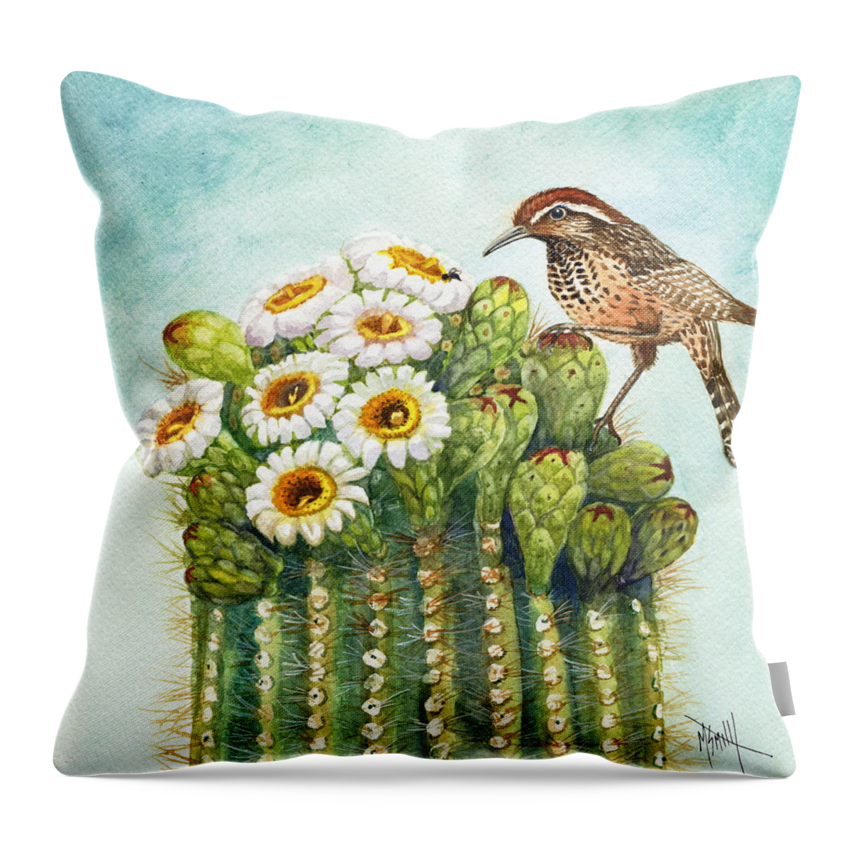 Cactus Wren Throw Pillow featuring the painting Cactus Wren and Saguaro by Marilyn Smith