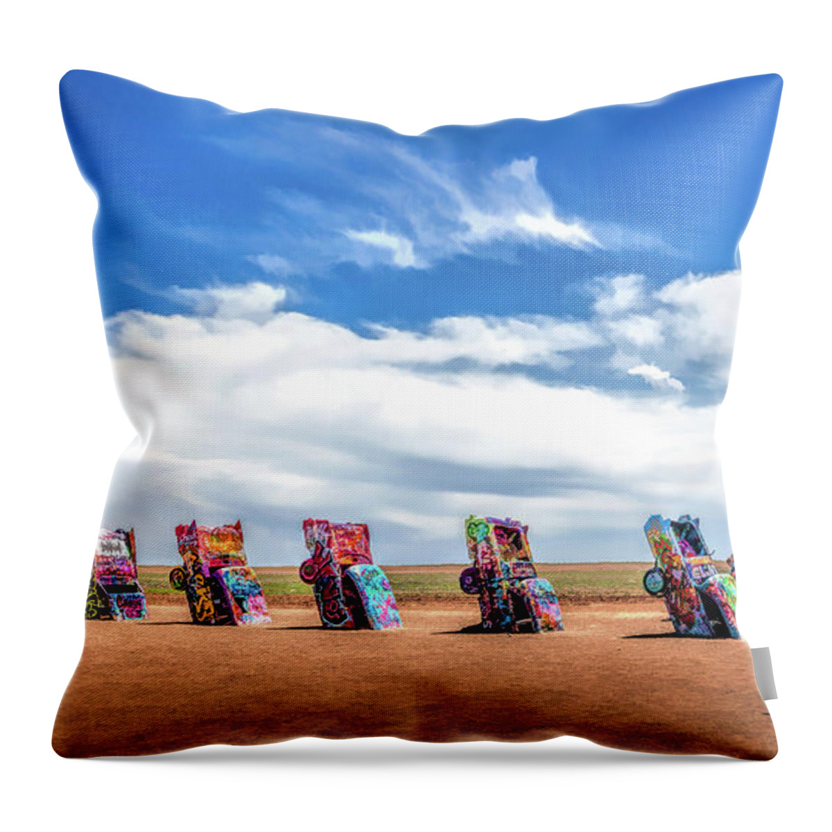 Cadillac Ranch Throw Pillow featuring the painting Route 66 Cadillac Ranch by Christopher Arndt