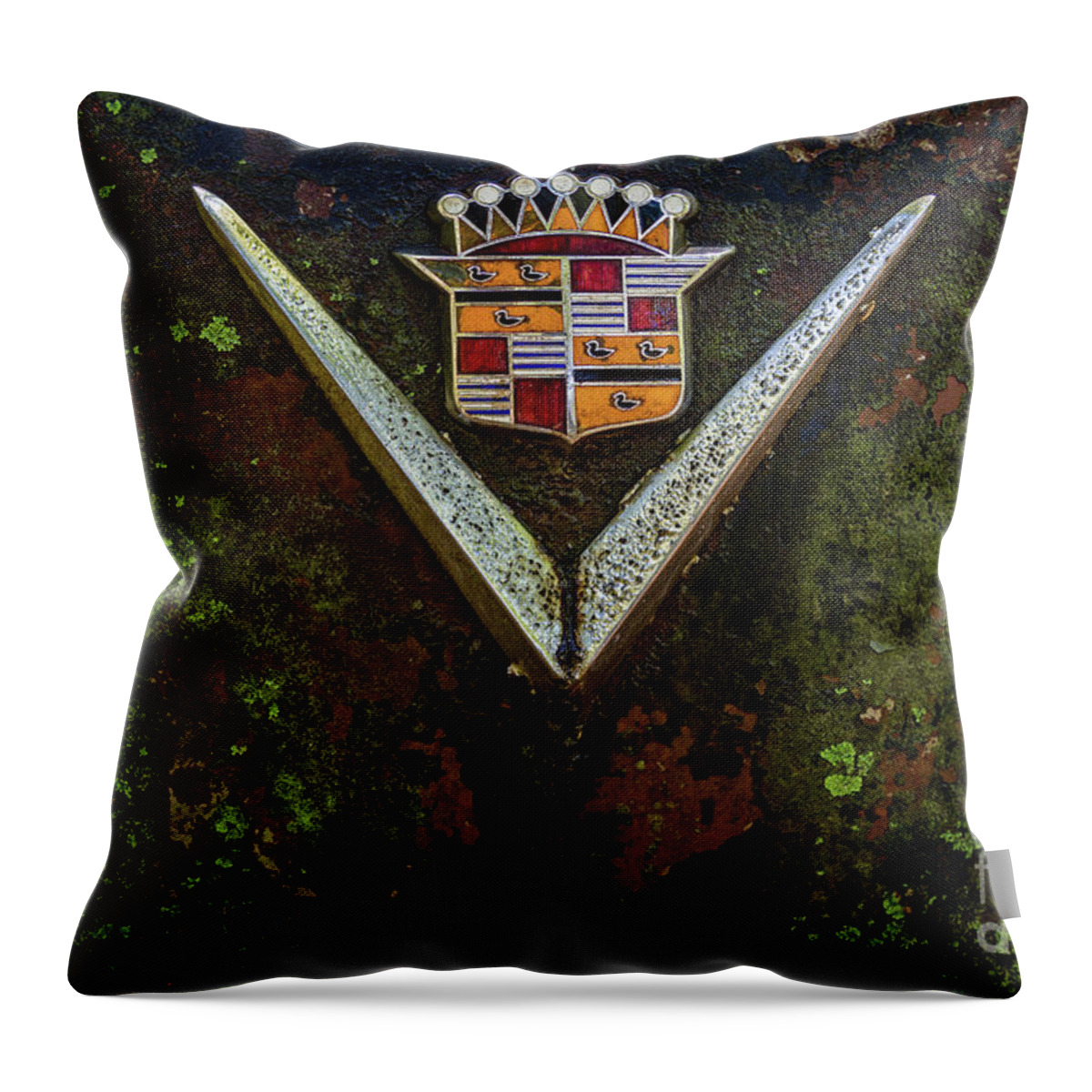 Old Car City Throw Pillow featuring the photograph Cadillac Vee and Crest by Doug Sturgess