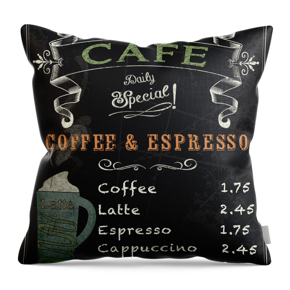 Jean Plout Throw Pillow featuring the painting Cafe Blackboard Coffee Menu-JP3046 by Jean Plout