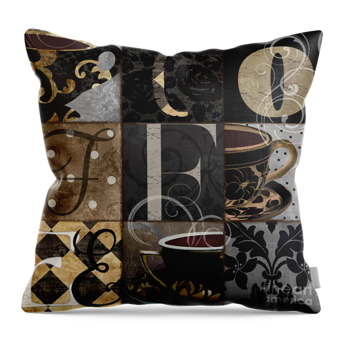 Coffee Throw Pillow featuring the painting Cafe Noir Patchwork by Mindy Sommers