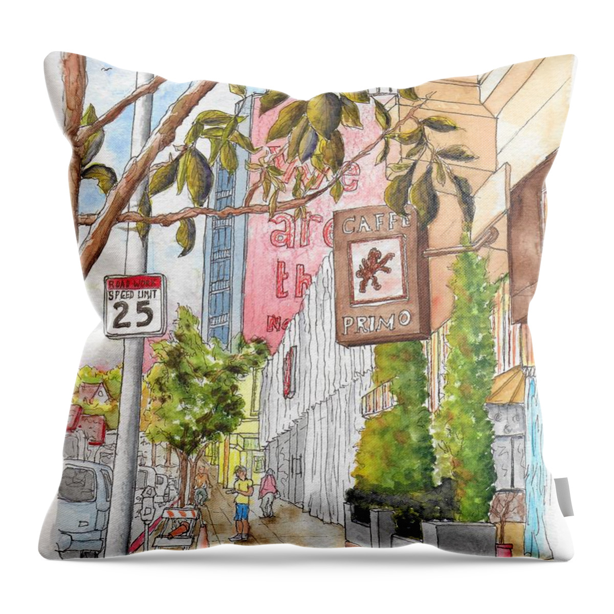 Café Primo Throw Pillow featuring the painting Cafee Primo in Sunset Plaza, West Hollywood, California by Carlos G Groppa