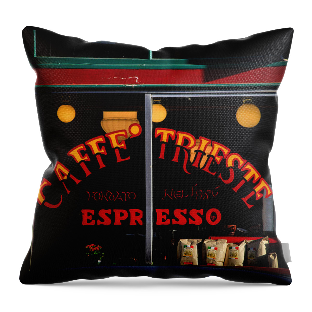 Bonnie Follett Throw Pillow featuring the photograph Caffe Trieste Espresso WIndow by Bonnie Follett